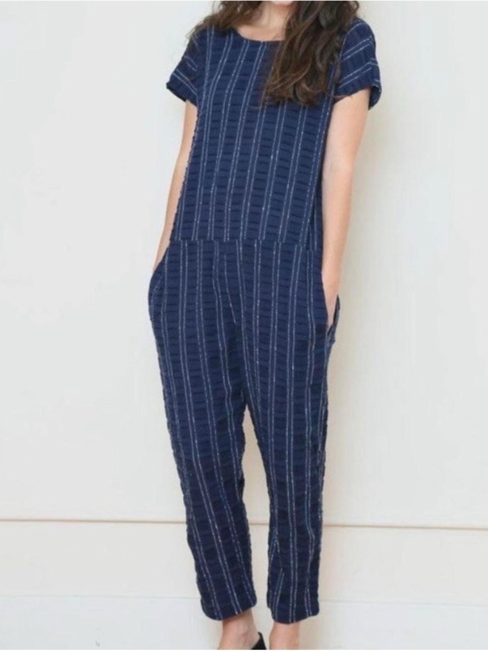 Ace & Jig XS Navy Blue & White Stripe Textured Short Sleeved Jumpsuit Allovers
